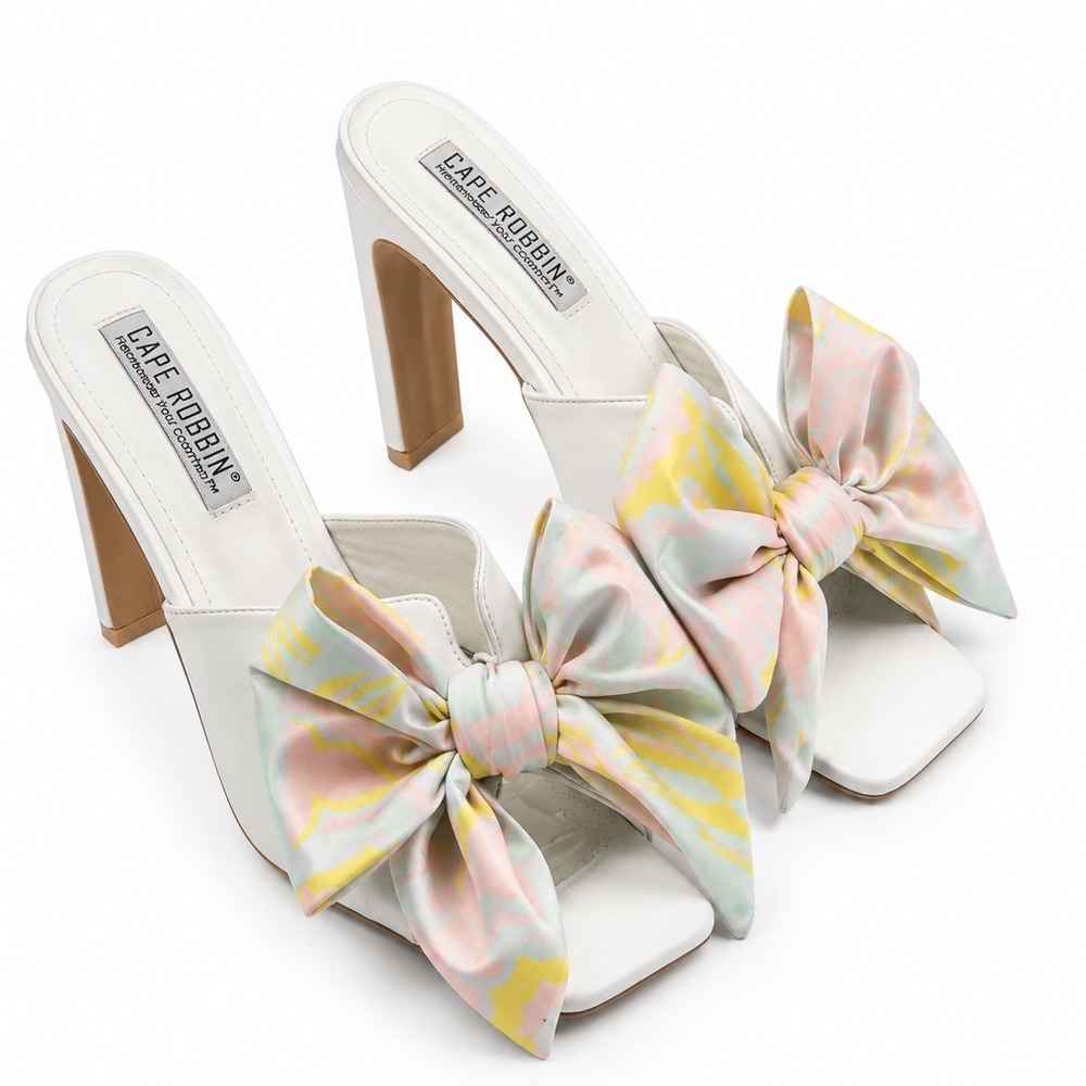 Cape Robbin Y2K White Colorful Pastel Satin Bow Tie Heels Women's Size 7.5